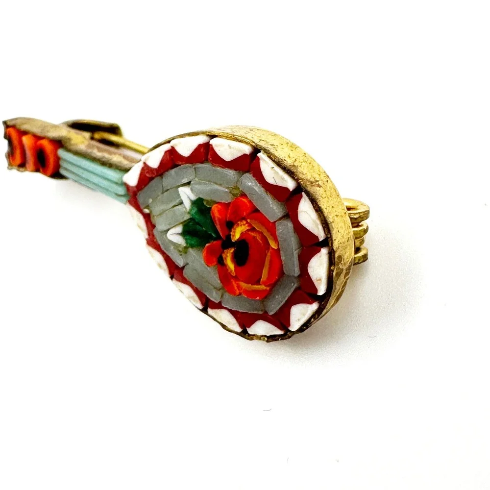 Vintage Italian Micro Mosaic Mandolin Brooch Millefiori 1950s Pin Guitar‎ Music